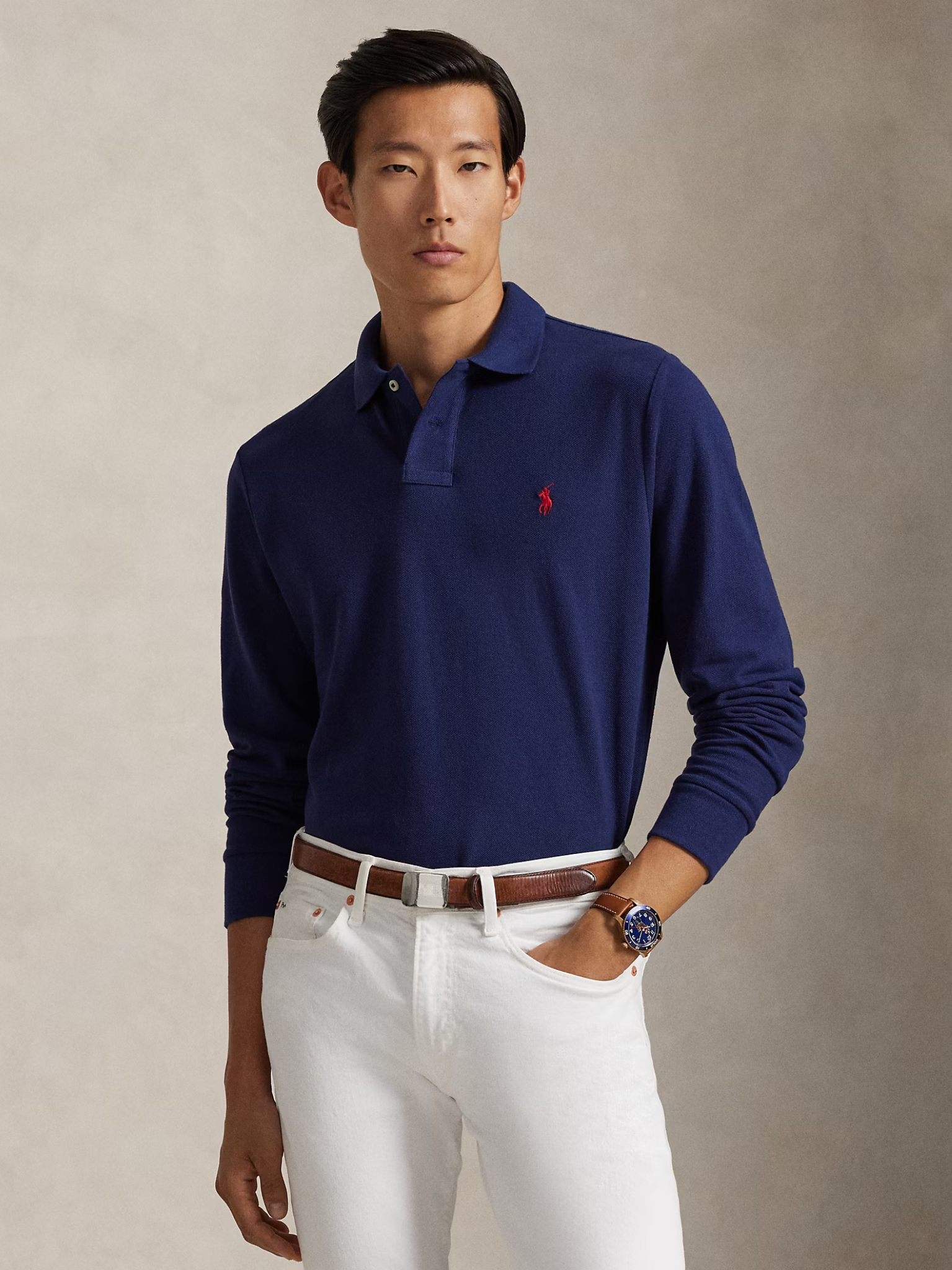 RALPH LAUREN Custom Slim Fit Mesh Polo Shirt Newport Navy