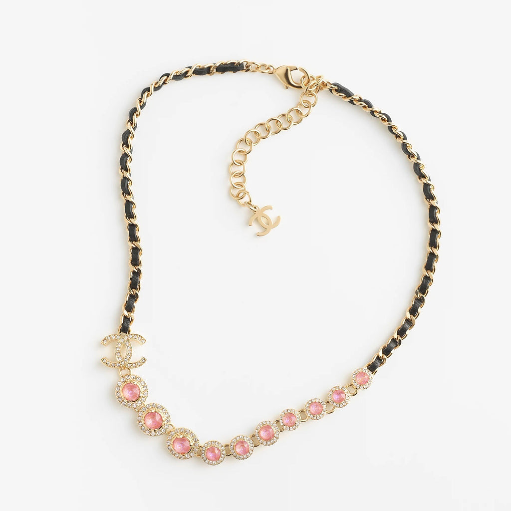 18K  Chanel Pink Crystals Leather Necklace