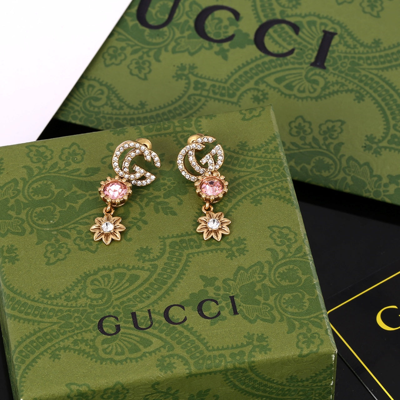 18K Double Gucci Flower Crystal Earrings
